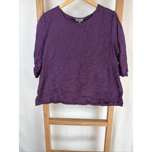 NWT Shana Purple Round Neck 3/4 Sleeve Crinkle Top #0924 Size LG